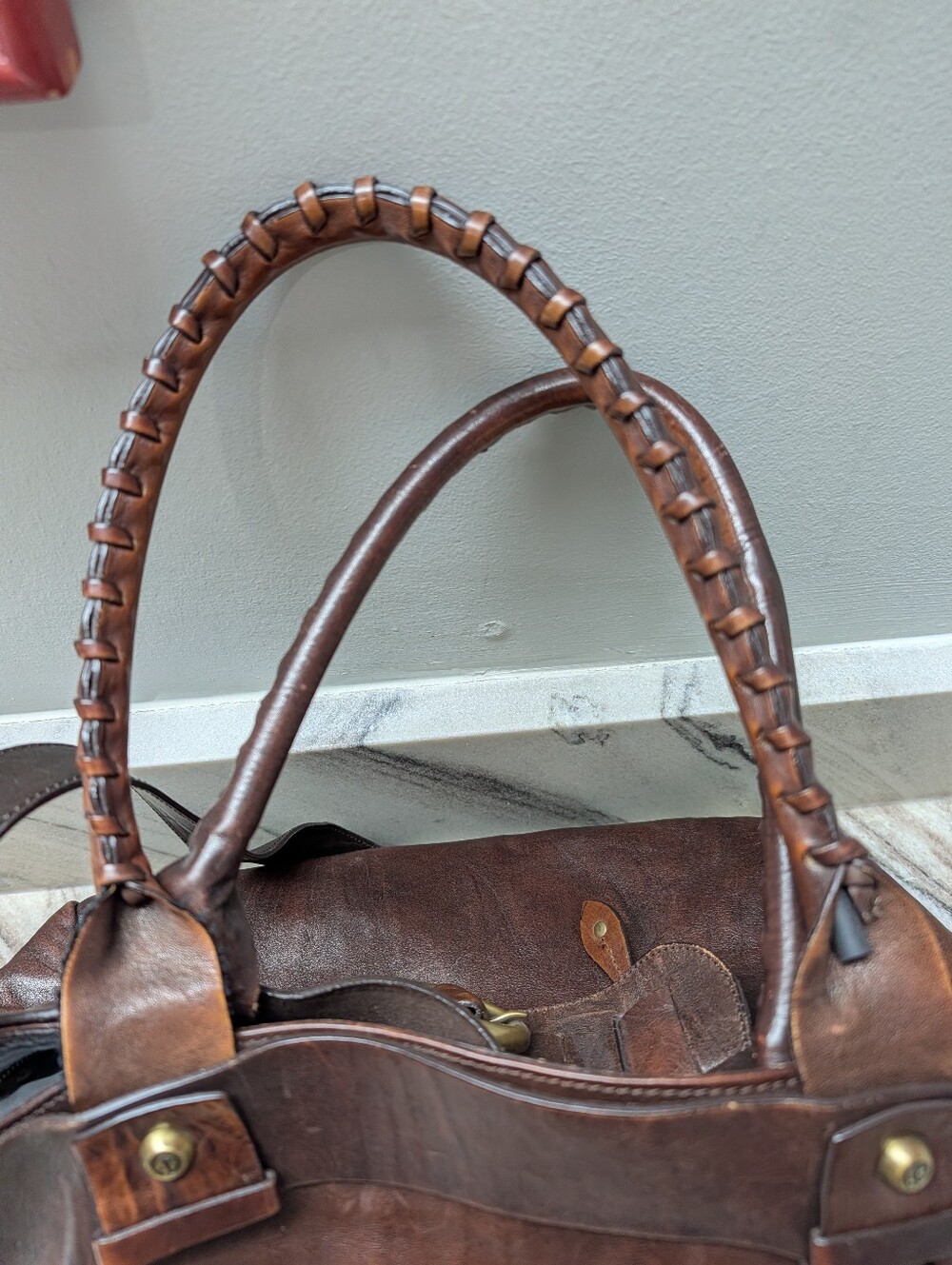Francesco Biasia Distressed Brown Leather Shoulder Bag with Brass Ring Detail - Picture 6 of 16